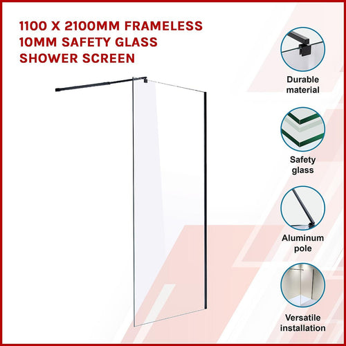 110 x 210cm Frameless 10mm Safety Glass Shower Screen in Square Black