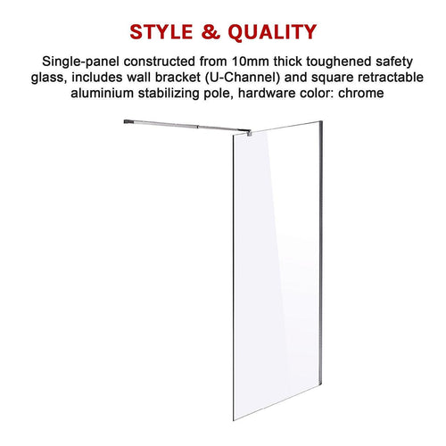 100 x 210cm Frameless 10mm Safety Glass Shower Screen in Square CHROME