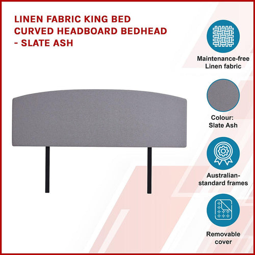 Curved King Bed Deluxe Headboard Bedhead Linen Fabric Slate Ash 