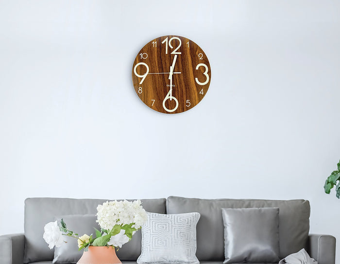 Glow In Dark Wall Clock Luminous Quartz Wooden Non Ticking Home Decor 12''/30cm