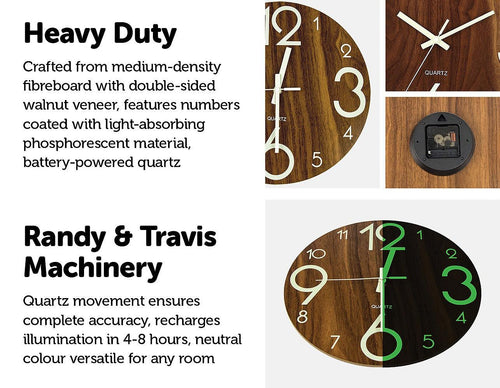 Glow In Dark Wall Clock Luminous Quartz Wooden Non Ticking Home Decor 30cm