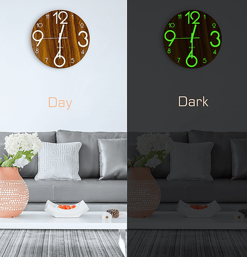Glow In Dark Wall Clock Luminous Quartz Wooden Non Ticking Home Decor 30cm
