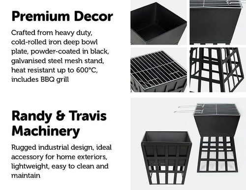 Black Fire Pit Square Log Patio Garden Heater Outdoor Table Top BBQ Camping