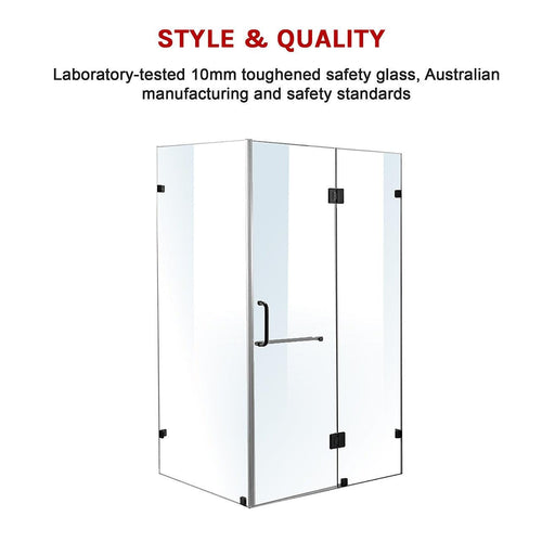 120 x 100cm Frameless 10mm Glass Shower Screen By Della Francesca BLACK Hardware, ROUND Handle