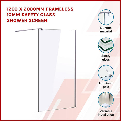 120 x 200cm Frameless 10mm Safety Glass Shower Screen in Round CHROME