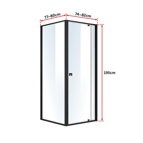 Front: (74~82) x 195cm Adjustable Semi Frameless Shower Screen in Black Side: (77~80) x 195cm