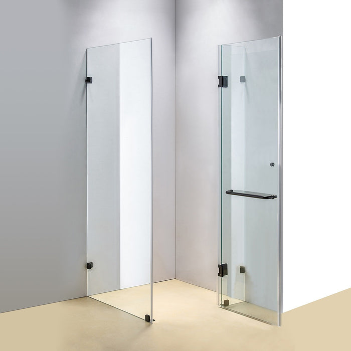 90 x 100cm Frameless 10mm Glass Shower Screen By Della Francesca BLACK Hardware, ROUND Handle