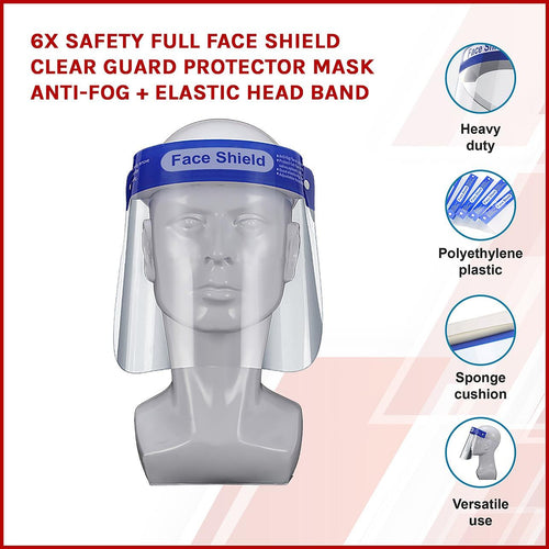 6x Safety Full Face Shield Clear Guard Protector Mask Anti-Fog + Elastic Head Band