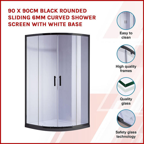 90 x 90cm Rounded Sliding 6mm Curved Shower Screen with Base in Black with White Base