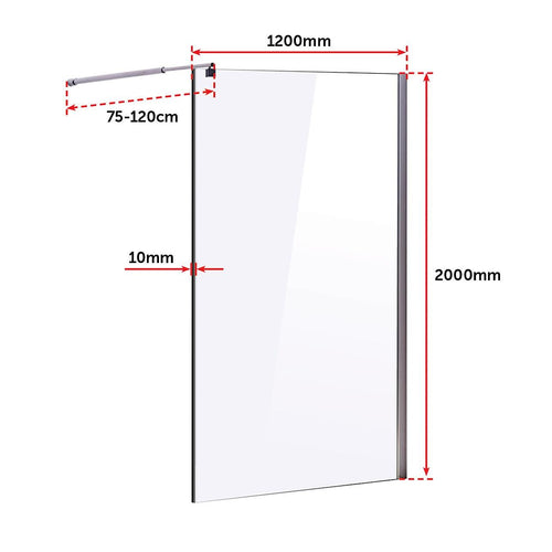 120 x 200cm Frameless 10mm Safety Glass Shower Screen in Round CHROME