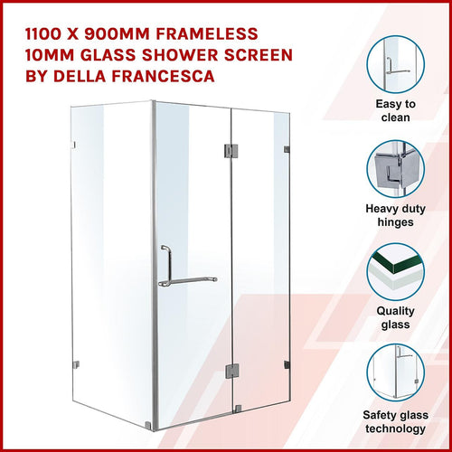 110 x 90cm Frameless 10mm Glass Shower Screen By Della Francesca CHROME Hardware, ROUND Handle