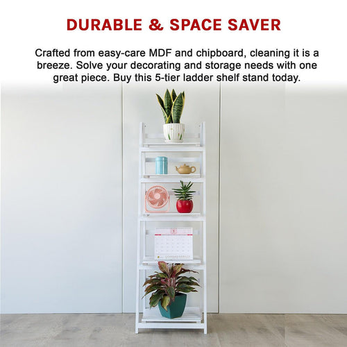 5 Tier Wooden Ladder Shelf Stand Storage Book Display Rack - White