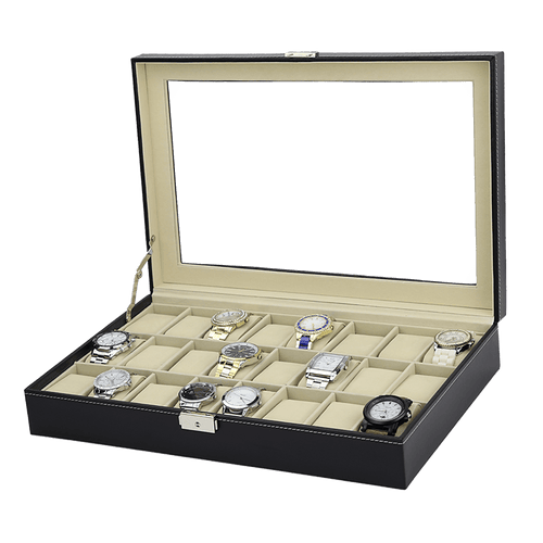 Watch Box - 24 Slot Luxury Display Case With Framed Glass Lid