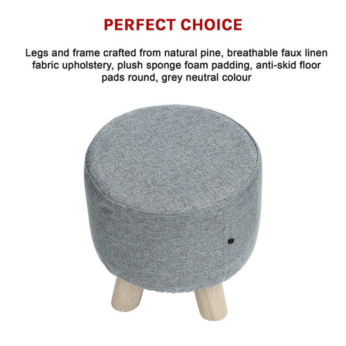Grey Fabric Ottoman Foot Stool Rest Pouffe Wood Padded Seat Round