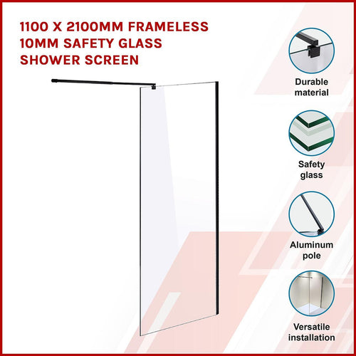 100 x 210cm Frameless 10mm Safety Glass Shower Screen in Round Black