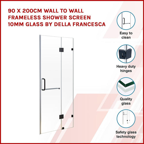 90 x 200cm Wall to Wall Frameless Shower Screen in Black Hardware with Round Handle