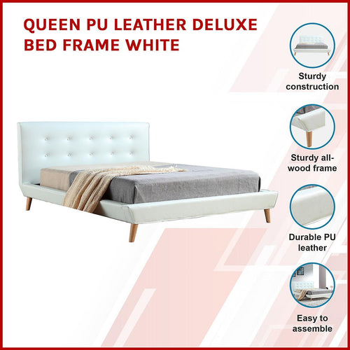 Queen PU Leather Deluxe Bed Frame - White