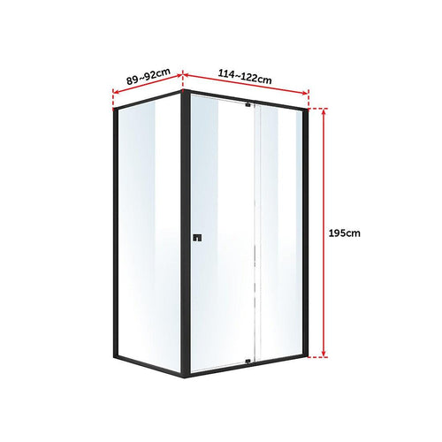 Front: (114~122) x 195cm Adjustable Semi Frameless Shower Screen in Black Side: (89~92) x 195cm