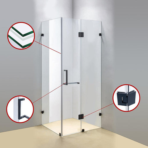 110 x 90cm Frameless 10mm Glass Shower Screen By Della Francesca BLACK Hardware, SQUARE Handle