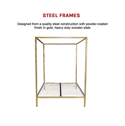 4 Four Poster Queen Bed Frame - Gold