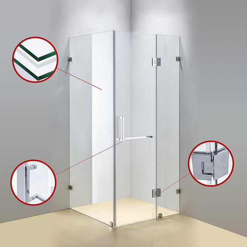110 x 100cm Frameless 10mm Glass Shower Screen By Della Francesca CHROME Hardware,SQUARE Handle