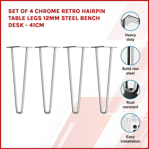 Set of 4 Chrome Retro Hairpin Table Legs 12mm Steel Bench Desk - 41cm