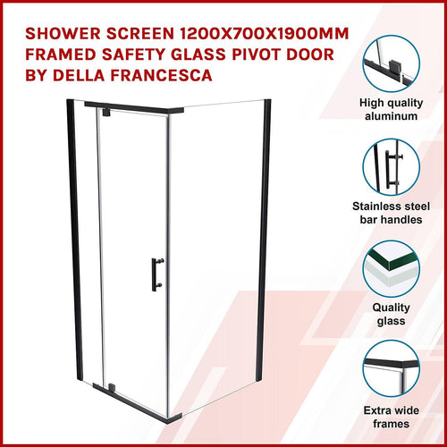 1200 x 700 x 1900mm Framed Safety Glass Pivot Door Shower Screen in Black