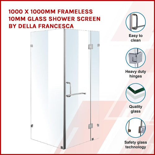 100 x 100cm Frameless 10mm Glass Shower Screen By Della Francesca CHROME Hardware, ROUND Handle
