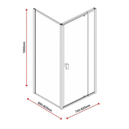 Front: (74~82) x 195cm Adjustable Semi Frameless Shower Screen in Chrome Side: (89~92) x 195cm