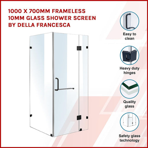 100 x 70cm Frameless 10mm Glass Shower Screen By Della Francesca BLACK Hardware, ROUND Handle