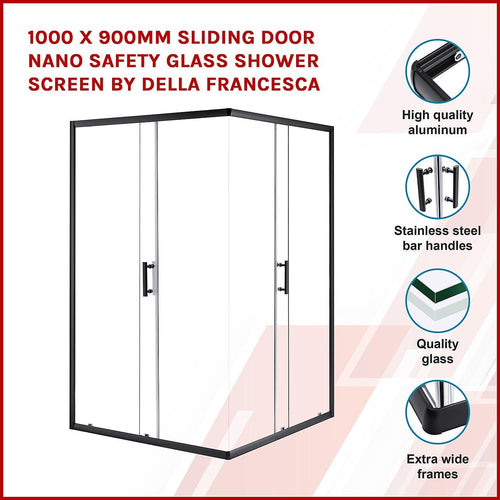 1000 x 900mm Sliding Door Nano Safety Glass Shower Screen in Black