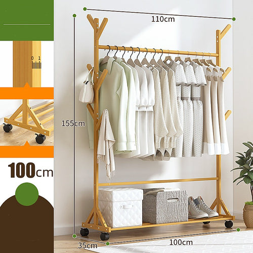 Portable Clothes Rack Coat & Garment Stand – Bamboo Rail Hanger Closet Airer in Wood