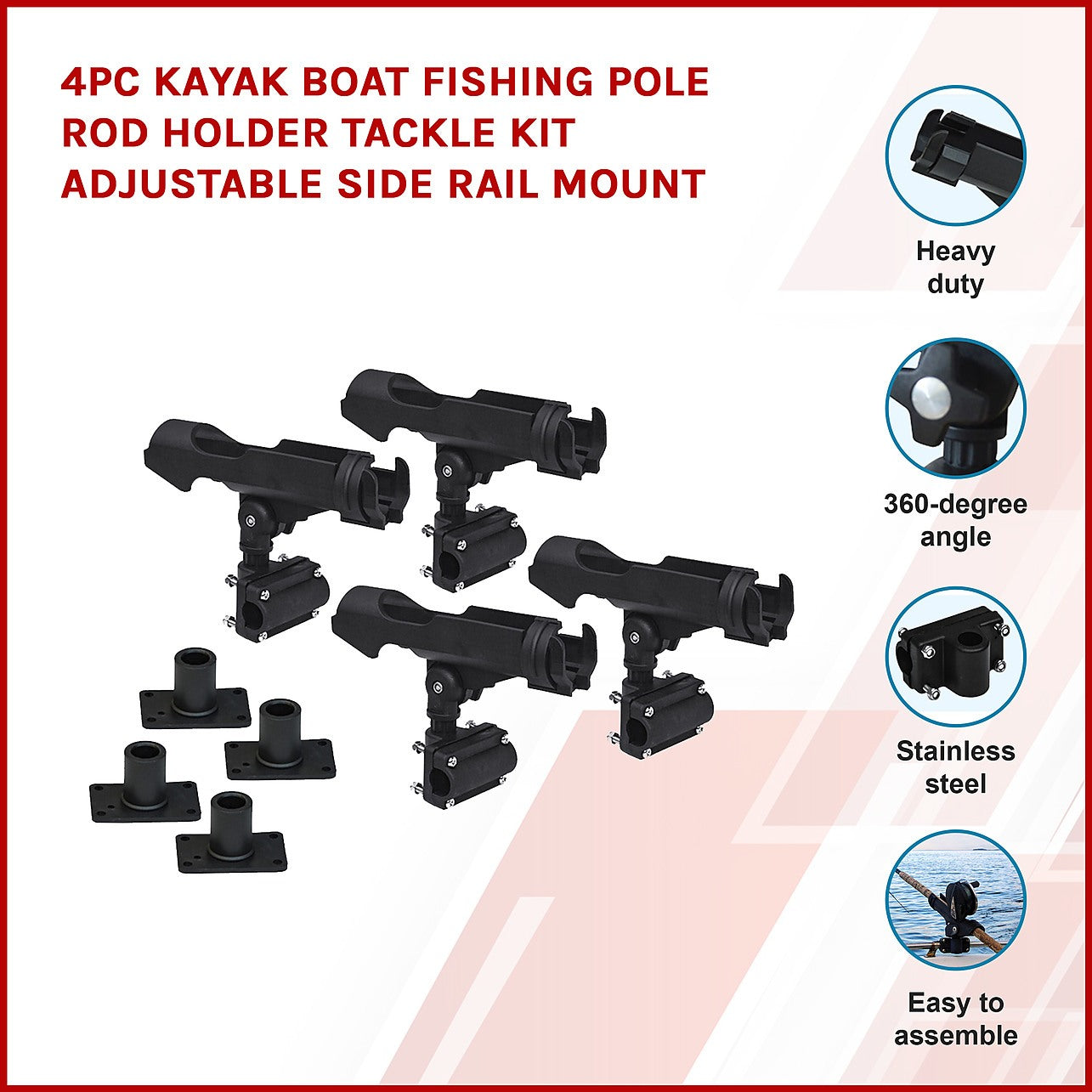 4PC Kayak Boat Fishing Pole Rod Holder Tackle Kit Adjustable Side Rail Mount  - Outdoor & Leisure > Outdoor