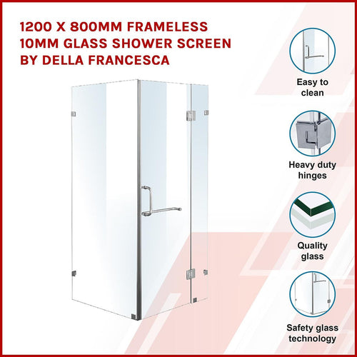 120 x 80cm Frameless 10mm Glass Shower Screen By Della Francesca CHROME Hardware, ROUND Handle