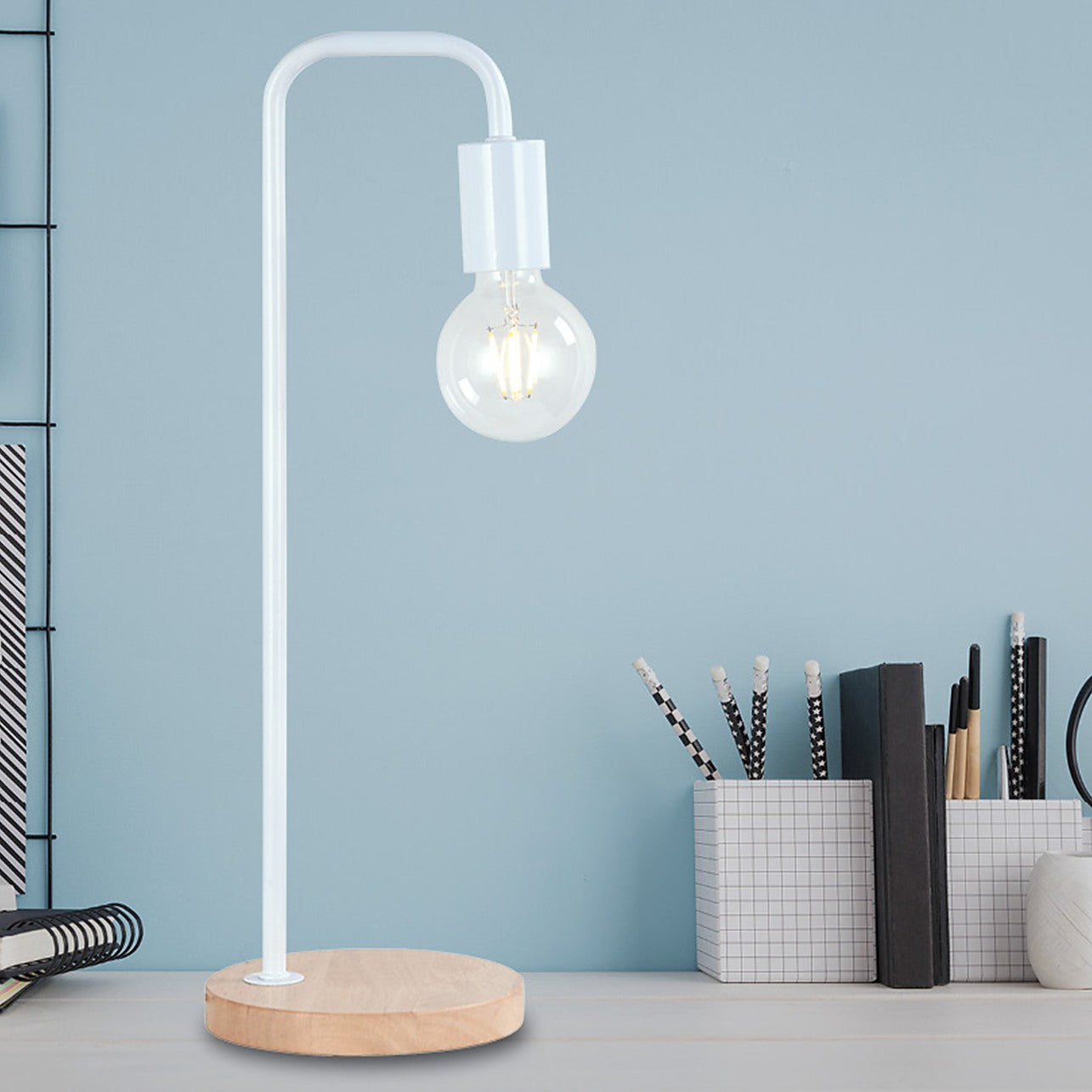 White and wood desk cheap lamp
