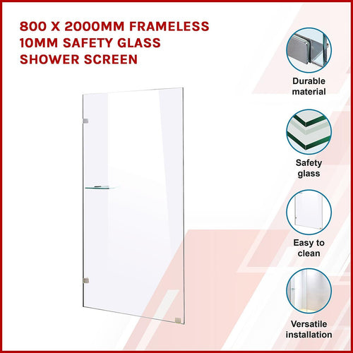 80 x 200cm Frameless 10mm Safety Glass Shower Screen Nickel Finish