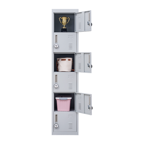 6-Door Grey Metal Locker Cabinet – Vertical Storage with 4-Digit Combination Lock for Office, School