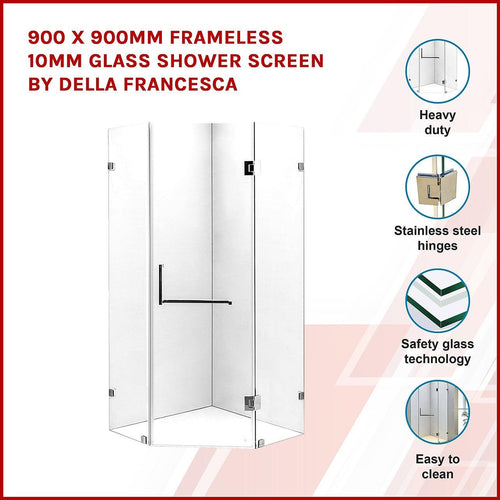 900 x 900mm Frameless 10mm Glass Shower Screen By Della Francesca Chrome Hardware, Square Handle