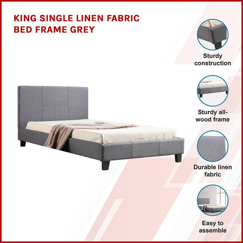 King Single Bed Frame Grey Linen Fabric