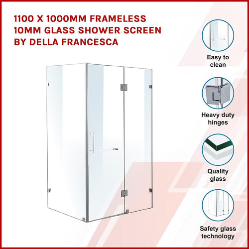 110 x 100cm Frameless 10mm Glass Shower Screen By Della Francesca CHROME Hardware,SQUARE Handle