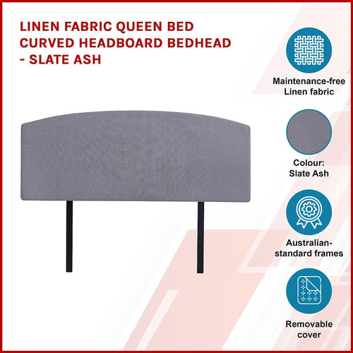 Linen Fabric Curved Queen Bed Deluxe Headboard Bedhead Slate Ash 