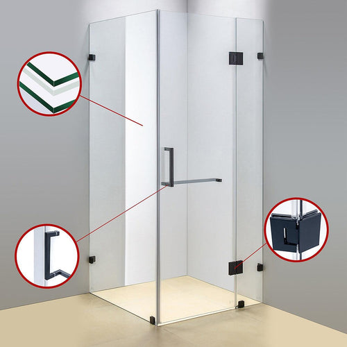 120 x 100cm Frameless 10mm Glass Shower Screen By Della Francesca BLACK Hardware, SQUARE Handle