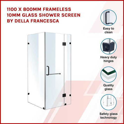 110 x 80cm Frameless 10mm Glass Shower Screen By Della Francesca BLACK Hardware, ROUND Handle