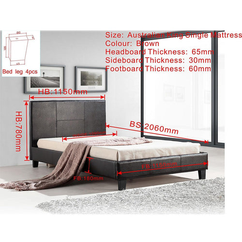 King Single Bed Frame Brown PU Leather