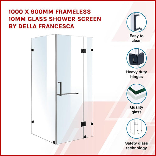 100 x 90cm Frameless 10mm Glass Shower Screen By Della Francesca BLACK Hardware, SQUARE Handle