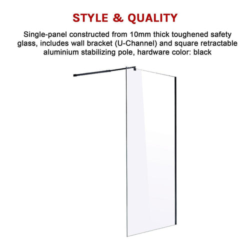 120 x 210cm Frameless 10mm Safety Glass Shower Screen in Square Black