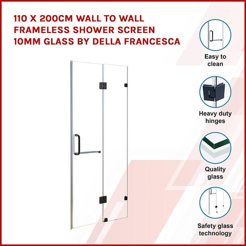 110 x 200cm Wall to Wall Frameless Shower Screen in Black Hardware with Round Handle