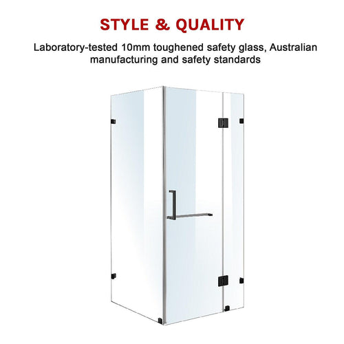 100 x 80cm Frameless 10mm Glass Shower Screen By Della Francesca BLACK Hardware, SQUARE Handle