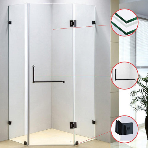 1000 x 1000mm Frameless 10mm Glass Shower Screen By Della Francesca Black Hardware, Round Handle