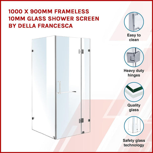 100 x 90cm Frameless 10mm Glass Shower Screen By Della Francesca CHROME Hardware,SQUARE Handle
